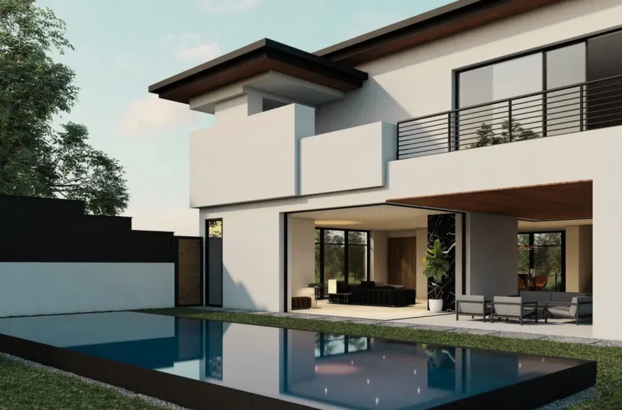 Open plan living space with wood plank ceiling and sliding glass doors to a pool deck